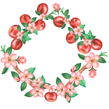 Watercolor hand drawn wreath  illustration  with  apple flowers, leaves and red apples on the branch with space for text.の写真素材