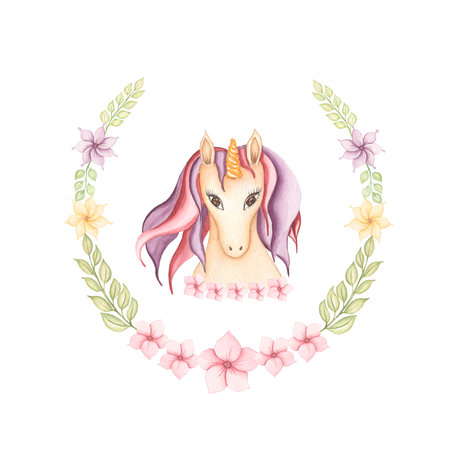 Watercolor hand drawn  unicorn card illustration with flowers wreath , fairy tale animal creature, magical  clip art, isolated on white background. Birthday card.の写真素材