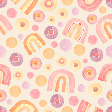 Abstract watercolor seamless pattern with hand painted rainbows and geometric shapes. Nursery art illustration in trendy scandinavian style.Contemporary art ,yellow backgroundの写真素材