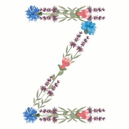 Watercolor Floral Monogram Letter Z. hand drawn ABC alphabet. Wildflowers letters.の写真素材