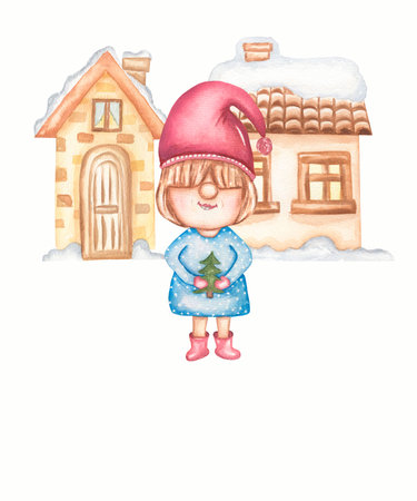 New Year gnome  christmas card and winter houses. Set of watercolor illustration isolated on white background. Cute gnome,christmas tree.の写真素材