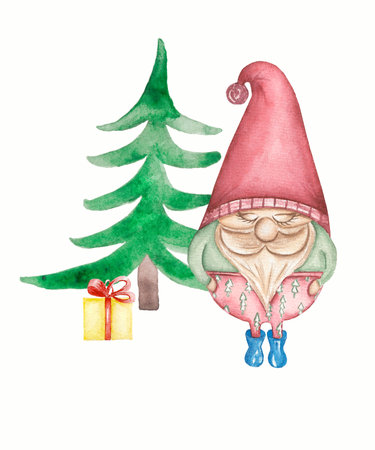 New Year gnome  christmas card and winter gifts near the christmas tree. Set of watercolor illustration isolated on white background. Cute gnome.の写真素材