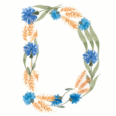 Watercolor Floral Monogram Letter D. hand drawn ABC alphabet. Wildflowers letters.の写真素材