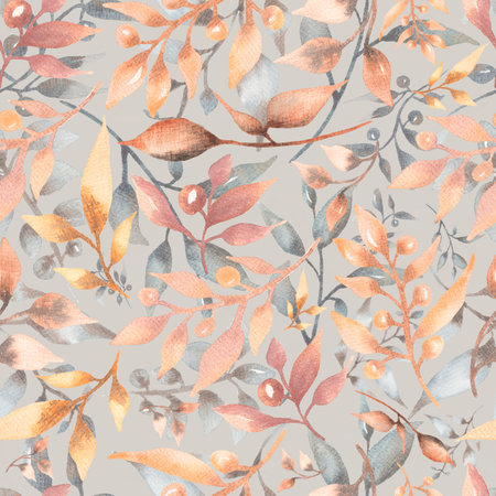 Seamless watercolor pattern with  floral in trendy dark, burgundy, grey yellow and grey neutral colors.  modern color.Hand drawn decor patterns with floral decoration.の写真素材