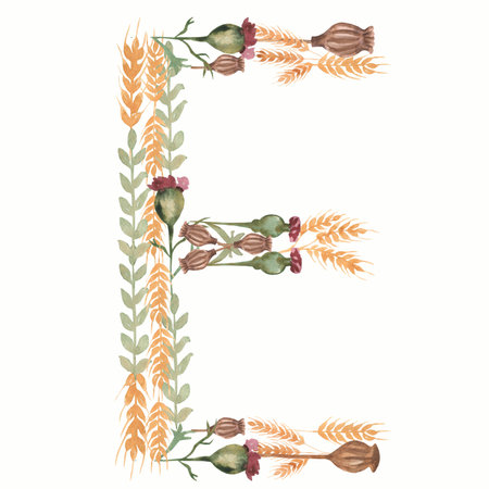 Watercolor Floral Monogram Letter E. hand drawn ABC alphabet. Wildflowers letters.の写真素材