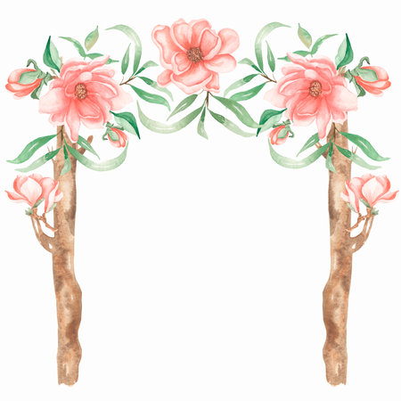 Watercolor Wedding Decoration with peony and magnolia flowers. Hand drawn wooden wedding element.の写真素材