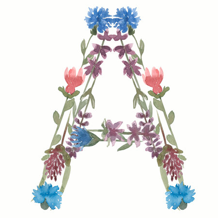 Watercolor Floral Monogram Letter A. hand drawn ABC alphabet. Wildflowers letters.の写真素材