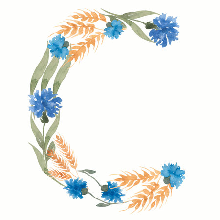 Watercolor Floral Monogram Letter C. hand drawn ABC alphabet. Wildflowers letters.の写真素材