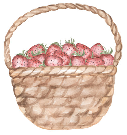 Watercolor strawberry illustration, Red berry basket. Suitable for greeting cards, easter cards, invitations, birthday,  spring eventsの写真素材