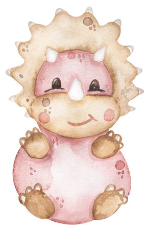 Watercolor dinosaur illustration for kids, cute dino animal clipart, nursery printの写真素材