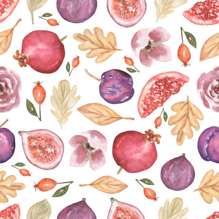 Watercolor fruits seamless pattern. Autumn harvest healthy food. diet products.Hand drawn watercolor graphic illustration.Pomegranate, plum,  flowers and leaves,figs.の写真素材