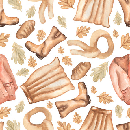 Watercolor fashion illustration seamless pattern with autumn leaves, skirt ,boots,scarf,books,hat and cardigan.の写真素材