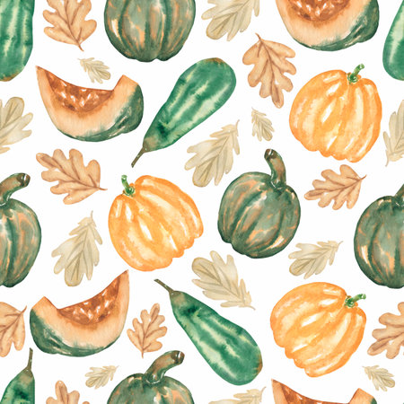 Watercolor vegetable seamless pattern. Autumn harvest healthy food. diet products.Hand drawn watercolor graphic illustration.pumpkin,leaves and zucchini.の写真素材