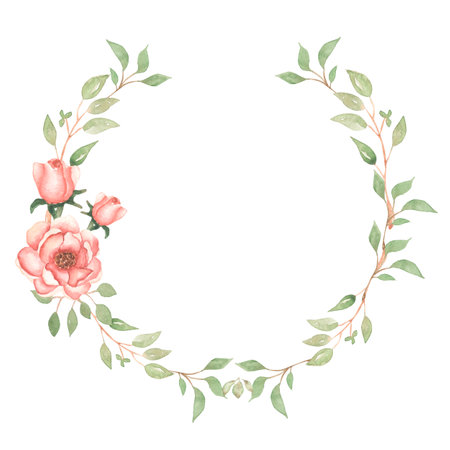 Watercolor hand drawn flowers set. Beautiful delicate wreath in neutral trendy colors. Elegant floral collection with isolated gentle leaves and roses flowers. Design for invitation, wedding or greeting cards.の写真素材