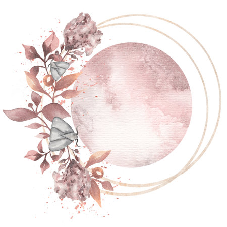 Watercolor hand drawn floral set.Beautiful delicate wreath in  neutral trendy colors.Elegant floral collection with isolated gentle leaves,moth and flowers with moon for text.Design for invitation, weddingの写真素材