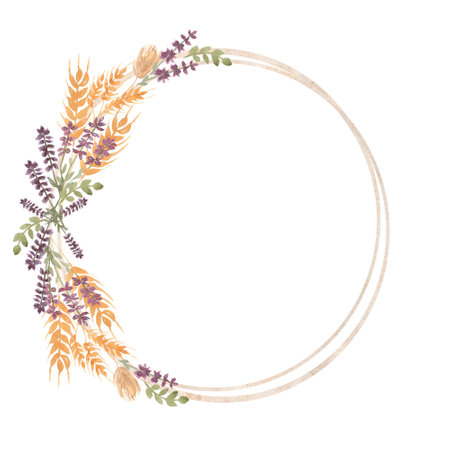 Hand drawn watercolor  yellow wheat ears and cornflower wreath in round shape illustration.Wildflower wreath/frame for wedding, birthday invitation.の写真素材