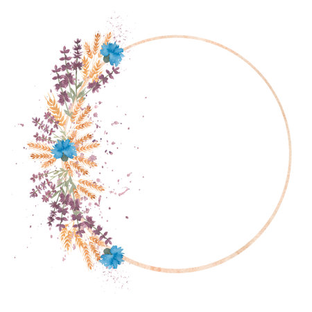 Hand drawn watercolor  yellow wheat ears and cornflower wreath in round shape illustration.Wildflower wreath/frame for wedding, birthday invitation.の写真素材