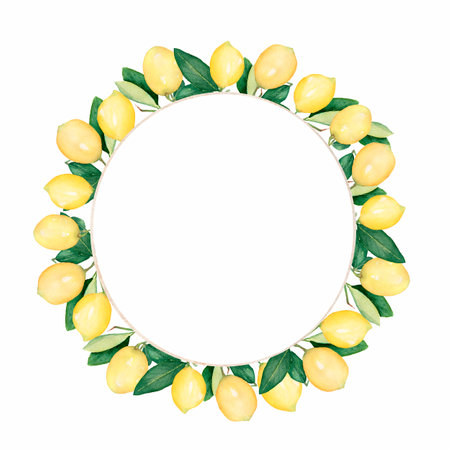 Hand drawn round frame of watercolor lemon. Watercolor illustration wreath of lemon and leaves. Can be used as a greeting card for background, birthday, mother's day,etc..の写真素材
