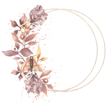 Watercolor hand drawn floral set.Beautiful delicate wreath in  neutral trendy colors.Elegant floral collection with isolated gentle leaves,moth and flowers with space for text.Design for invitation, weddingの写真素材