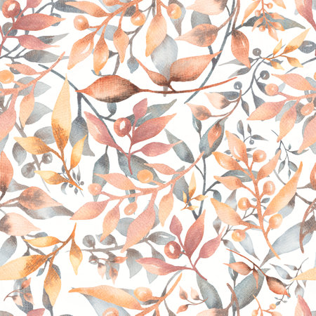 Seamless watercolor pattern with  floral in trendy  burgundy, grey yellow and brown neutral colors.  modern color.Hand drawn decor patterns with floral decoration.の写真素材