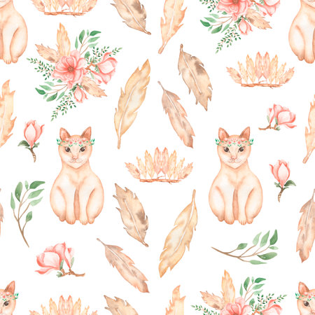 Beautiful, seamless, tile able pattern with watercolor cat animals - cute red cats with flower wreath, flower bouquets, branch of leaves, magnolia flowers blossoms, feather and crown with feathers. Vintage background.の写真素材