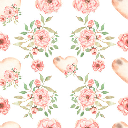 Beautiful, seamless, tile able pattern with watercolor flower wreath, flower bouquets, branch of leaves, peony flowers blossoms, and heart. Vintage background.の写真素材