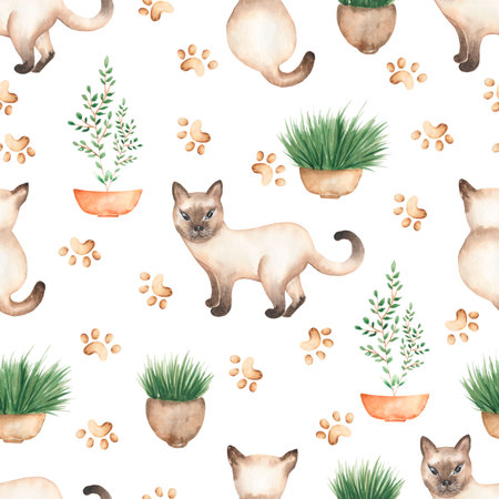 Beautiful, seamless, tile able pattern with watercolor cat animals - cute Siamese cats, potted home flowers, cat footprints, background.の写真素材