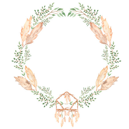 Hand drawing isolated boho watercolor floral wreaths illustration with leaves, feathers, branches, flowers. Bohemian wreath  in vintage style. Elements for  wedding card.の写真素材