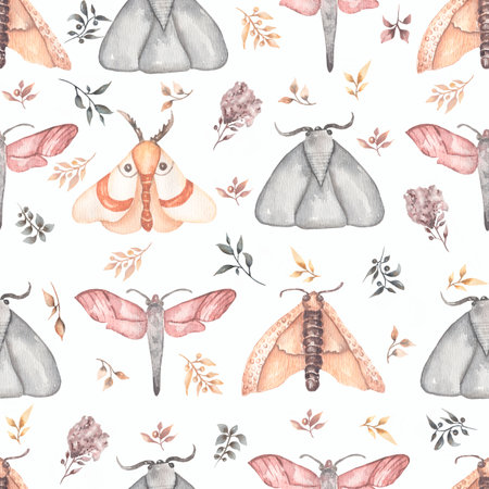 Watercolor seamless high quality hand painted watercolor Butterflies and moths with floral in neutral trendy colors pattern.の写真素材