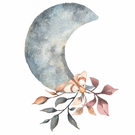 Watercolor hand drawn abstract illustrarion of moth, night butterfly, moon and branch of leaves. Tatoo mystic ilustration.の写真素材