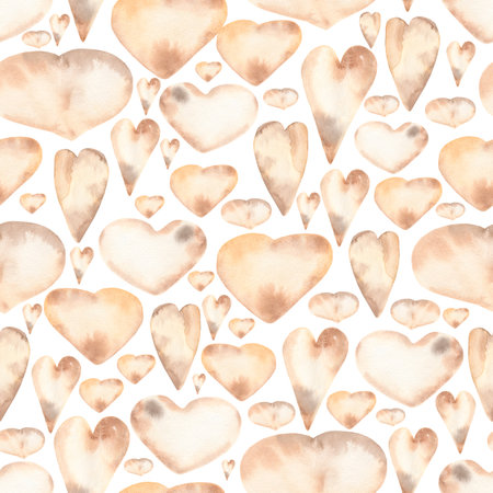 Watercolor hand drawn  seamless hearts pattern in soft neutral colors. love heart background, brown, beige color. Valentines heart pattern.の写真素材