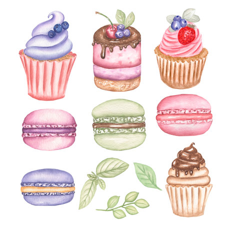 Watercolor hand drawn bakery set. Macaron,chocolate cupcake,mini cake with berries, strawberry and blueberry cupcakes illustrations and mint leaves and branch.の写真素材