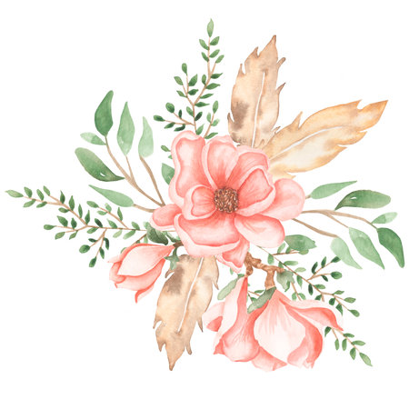 Watercolor hand drawn soft pink peony and magnolia flowers bouquet illustration with green leaves, feathers and branch. Wedding bouquets.の写真素材