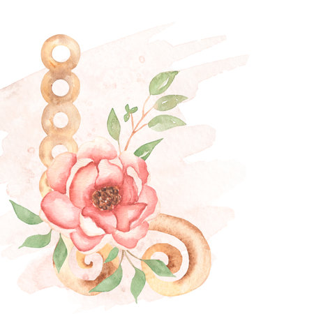 Watercolor hand drawn soft color peony bouquet  illustration  and branch on the decorated fence detail. Wedding invitation bouquets.の写真素材