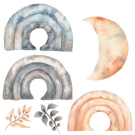 Watercolor beautiful moons, rainbows  and crescent set illustration with leaves branch. Moon and leaf set. contemporary art in soft neutral trendy color.の写真素材