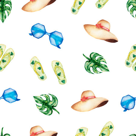 Watercolor travel seamless pattern,tropical leaves,sunglasses,hat,flip flops . Watercolour fun holiday activity, tropical travel illustration. Island summer.の写真素材