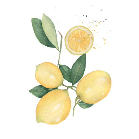 Lemons branch and half with splashes of watercolor isolated on white background. Hand drawn watercolor illustration.Fresh lemon with green leaves. Food element for your design.の写真素材