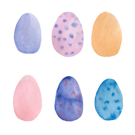 Easter eggs Watercolor set.Design elements for background, banner,holiday card.Hand painting Violet,pink,yellow,pinky rose,blue color eggs.の写真素材
