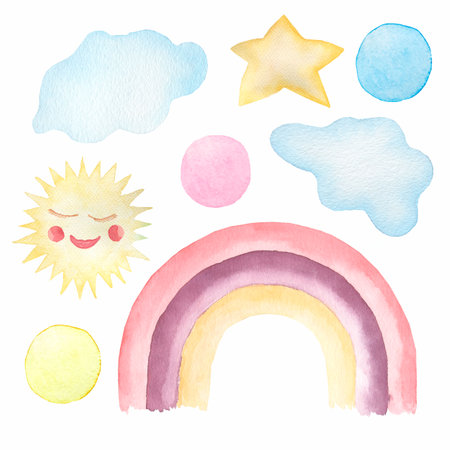 Watercolor set of cute children's illustrations - rainbow, su,clouds,polka dot.  cartoon collection perfect for nursery print and poster design.の写真素材