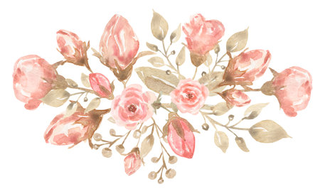 Painted watercolor composition of flowers bouquet in pastel delicate colors. Element for design. Greeting card. Valentine's Day, Mother's Day, Wedding, Birthdayの写真素材