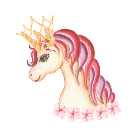 Watercolor hand drawn  unicorn horse with crown and flowers, pony animal illustration , fairy tale animal creature, magical  clip art, isolated on white background. Birthday card.の写真素材