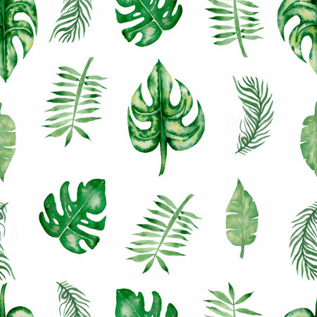 Watercolor tropical leaves seamless pattern. Hand drawn green tropic leaf pattern.の写真素材