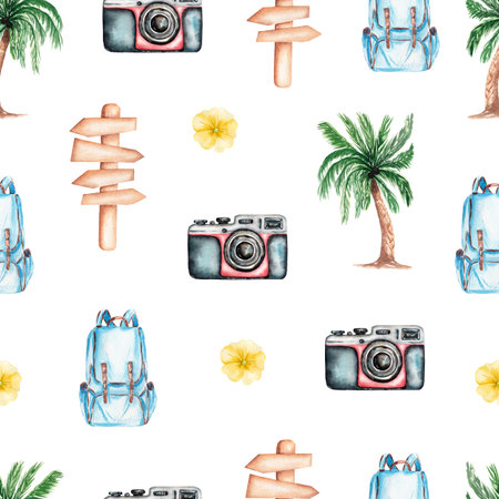 Watercolor adventure seamless pattern,palm tree,suitcasses,backpack,camera,pointer,flowers ....