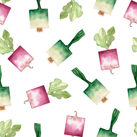 Watercolor garden organic vegetables seamless pattern. Hand drawn background with green onion and radish. Garden organic vegetable food isolated on white background.の写真素材