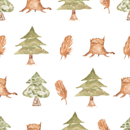 Watercolor woodland seamless pattern. Hand drawn christmas tree,feathers and stump. Hand drawn...