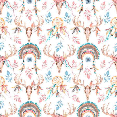 Hand drawn watercolor  Deer Antlers Seamless Pattern.Tribal Dream Catcher digital paper, Feathers Headdress repeat pattern. Kids pattern. Abstract Nursery art print.の写真素材