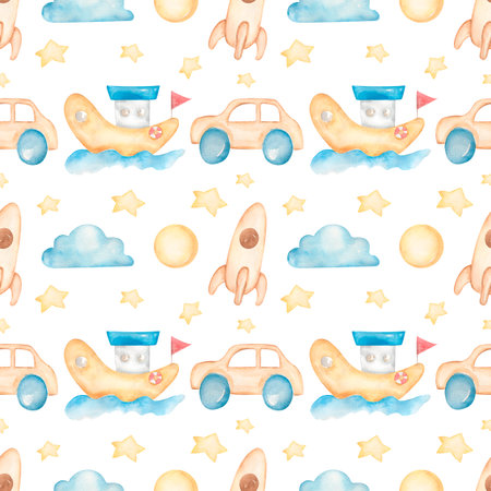 Watercolor seamless pattern with cute kids toys. Baby boy repeat paper. Hand drawn children car and ship, space rocket pattern .の写真素材