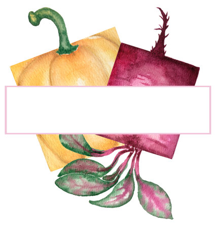 Watercolor cute garden vegetables frame, harvest illustration, beetroot, and bell pepper clipart borderの写真素材