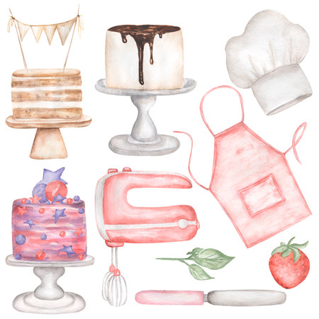 Watercolor Baking set Clipart, Bakery Supplies illustration, cakes print, Cooking Culinary Clipart, Cake Ingredients, Kitchen Utensils, Food, Bakerの写真素材