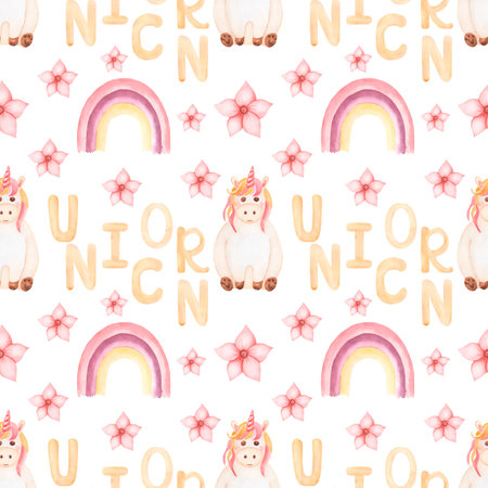 Baby animals seamless pattern, Watercolor hand drawn kids paper, unicorn repeat paper, cute rainbow print, children pattern in beige and pink colors, nursery designの写真素材
